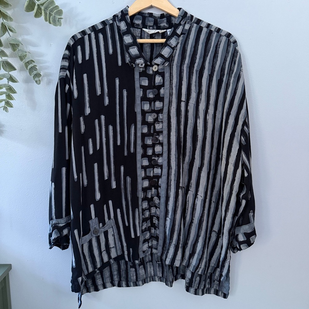 Lyng Button Up Shirt Black Gray Artsy Indie Lagenlook Abstract Striped Womens L